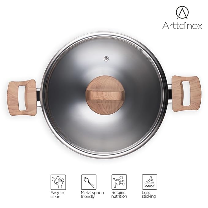 Arttdinox Timber Triply Stainless Steel Kadai | Steel Kadai for Cooking | Triply Kadai With Lid | 26cm | 3.2ltrs | Silver