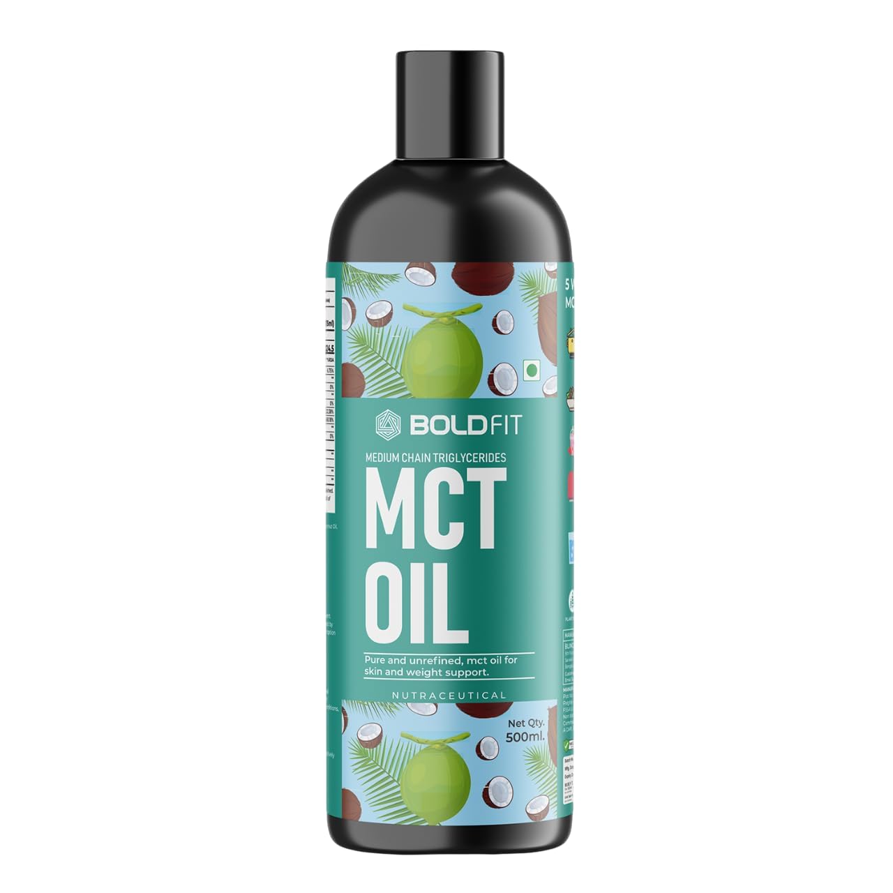 Boldfit MCT Oil C8 C10 Vegan Coconut Derived MCT for Keto and Paleo Friendly Cold Pressed Oil Supports Energy, Metabolism, Gut and Brain Function â€“500ml