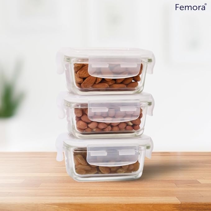 Femora Borosilicate Glass Containers for Kitchen | Storage Box for Kitchen With Air Vent Lid, Microwave Safe | Set of 3 | 140 Ml