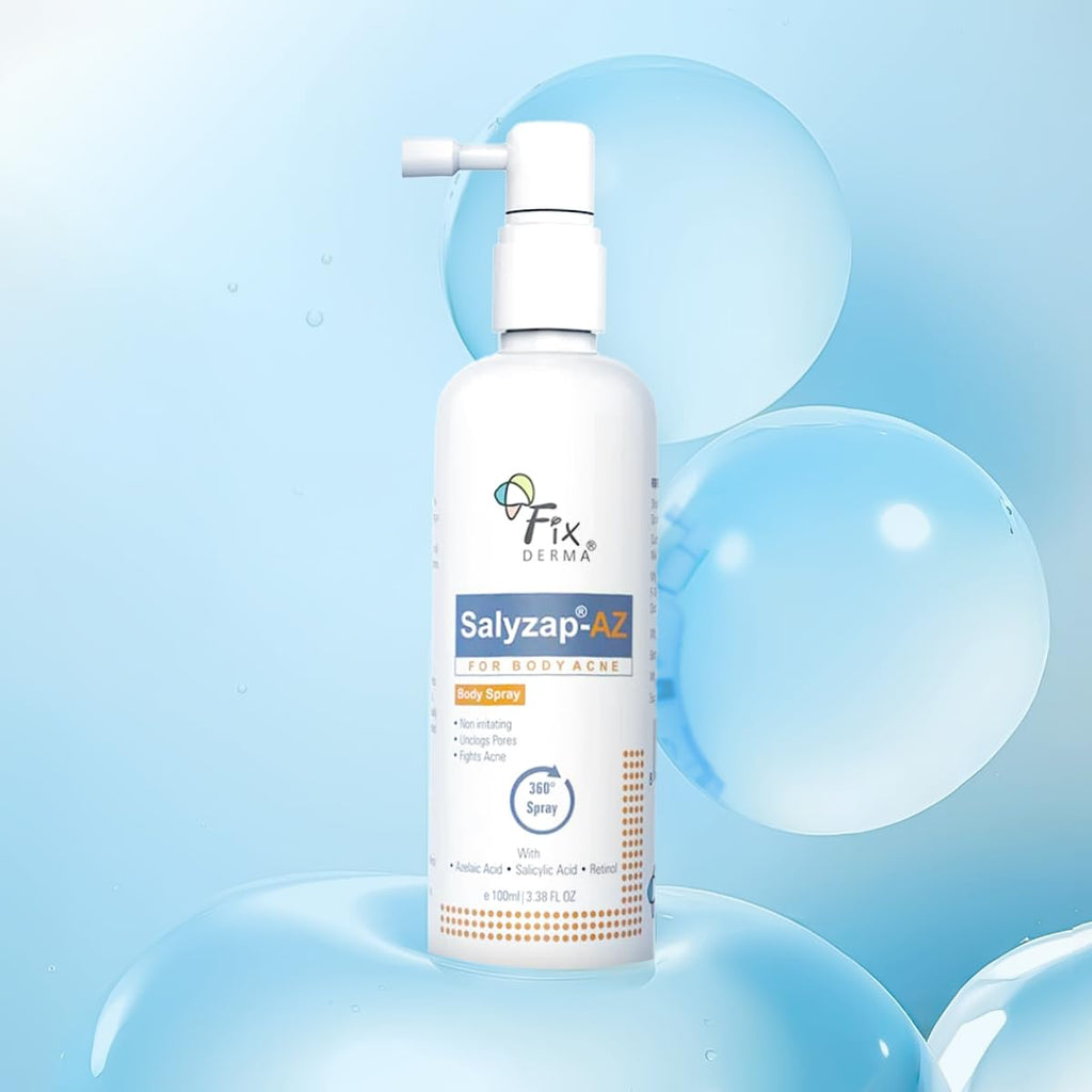 Fixderma Salyzap-Az 2% Salicylic Acid + 2% Azelaic Acid Body Acne Treatment Unscented Spray For Acne On Body Parts Like Back, Upper Arms | Paraben Free | Unclog Pores - 100ml
