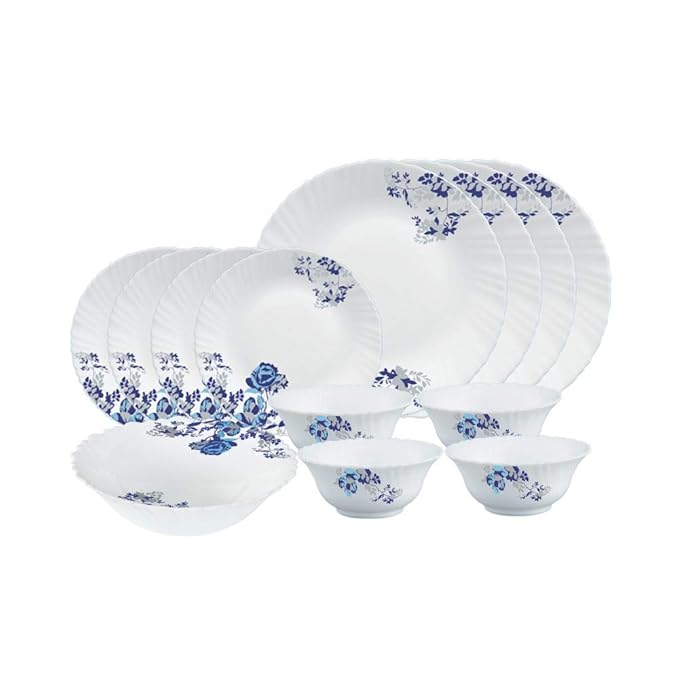 Larah by Borosil Blue Cascade Opalware Dinner Set | 13 -piece | White
