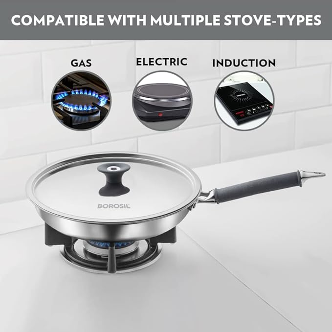 Borosil Cookfresh Tri-ply Stainless Fry Pan With Lid | Induction Friendly | 1.3 Litres | 20 Cm