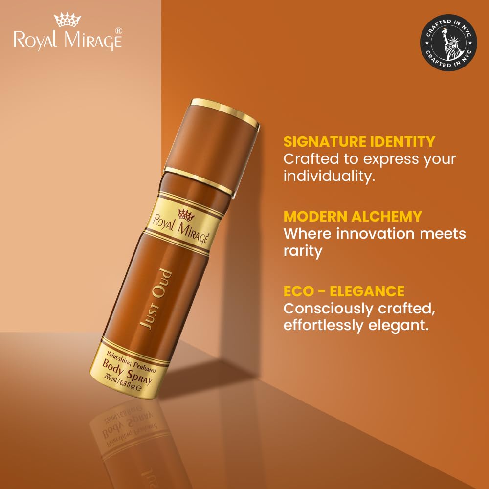 Royal Mirage Just Oud Body Spray | Long-Lasting Unisex Perfume | Oud, Rose & Leather Notes | Long-Lasting Luxury Fragrance | Exotic & Captivating Scent | Gift for Man and Woman | 200ml