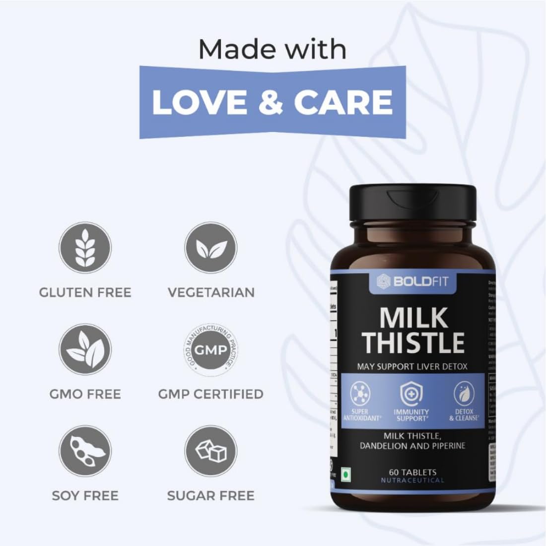 Boldfit Milk Thistle Fatty Liver Support Supplement with Silymarin Piperine and Dandelion Liver Detox Tablets Supports Liver Health Cleanse and Daily Wellness for Men and Women - 60 Vegetarian Tablets