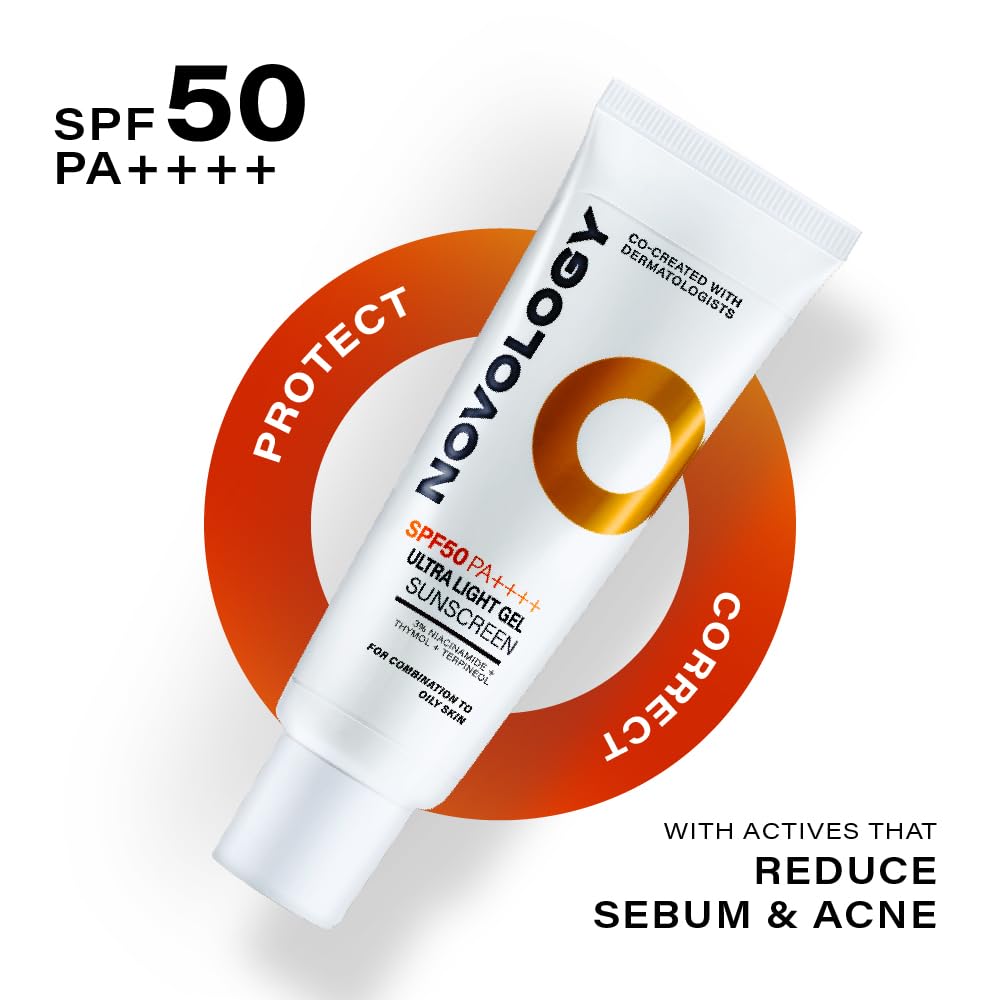 Novology SPF50 PA++++ Ultra Light Gel Sunscreen | Non-Greasy, Quick Absorbing, Invisible Finish | 50 g