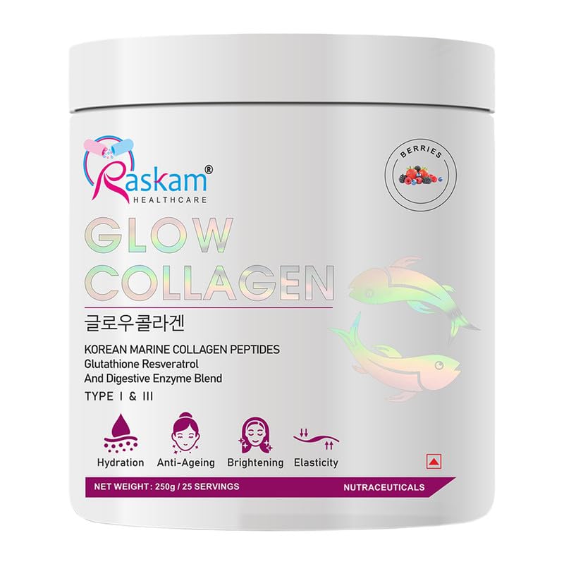 Raskam Glow Collagen Powder 250gm of 25 Servings | Korean Marine Flavored (Mix Berry) Collagen Powder Supplements for Women & Men