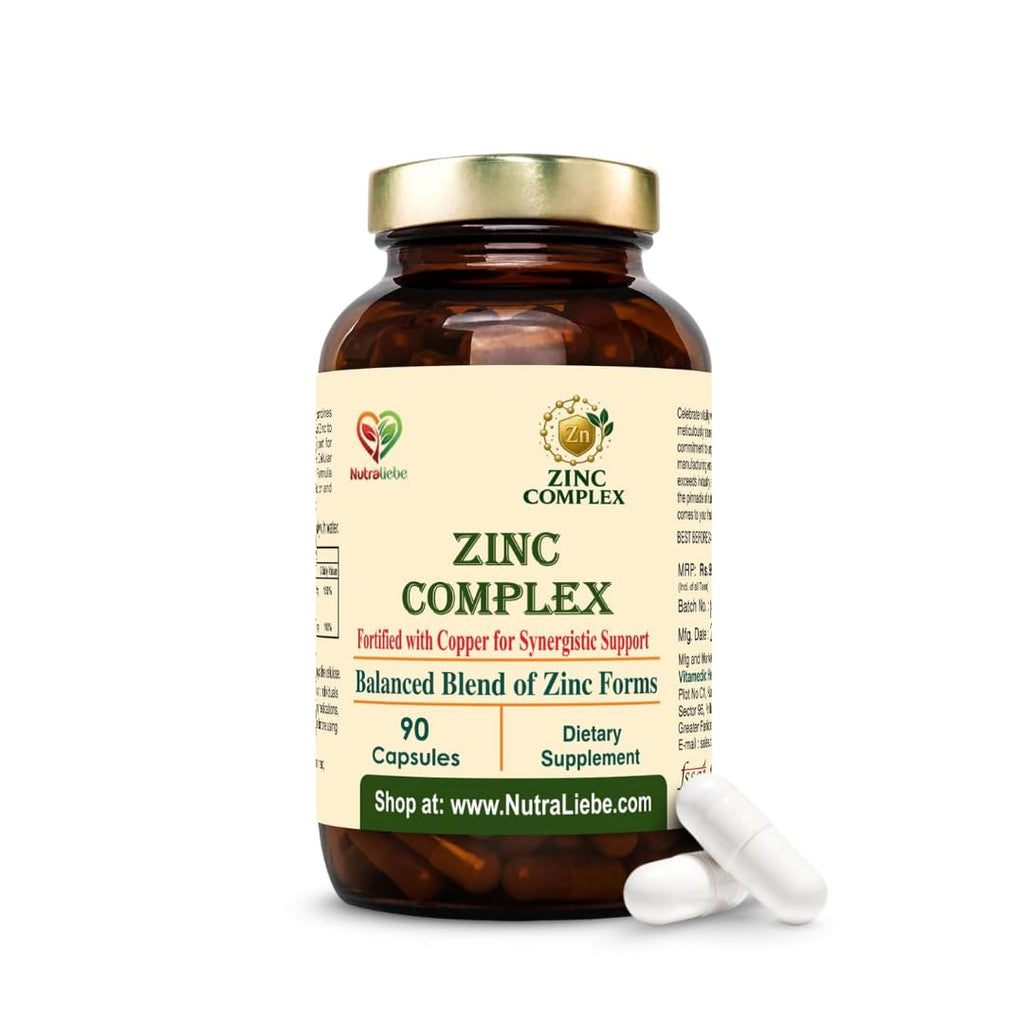 Nutraliebe Zinc Complex with Copper – High Absorption Zinc Gluconate, Methionine & Picolinate – Balanced Mineral Support for Immune Health, Skin, Hair & Cellular Function – 90 Vegetarian Capsules