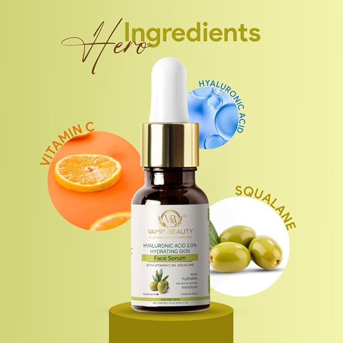 Vamp Beauty Hyaluronic Acid 2% Hydrating Face Serum With Goodness of Vitamin C 5% - 15 Ml