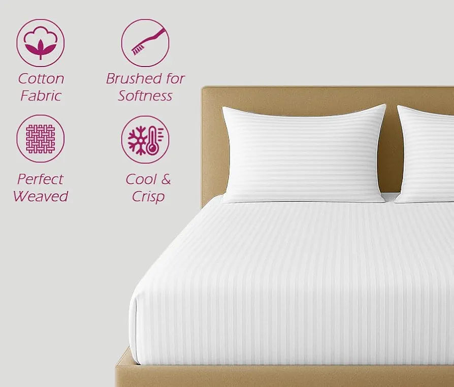 Trance Home Linen 100% Cotton 75x60 inch 200TC Satin Stripe Elastic Fitted Bedsheet with 2 Pillow Covers Colour White