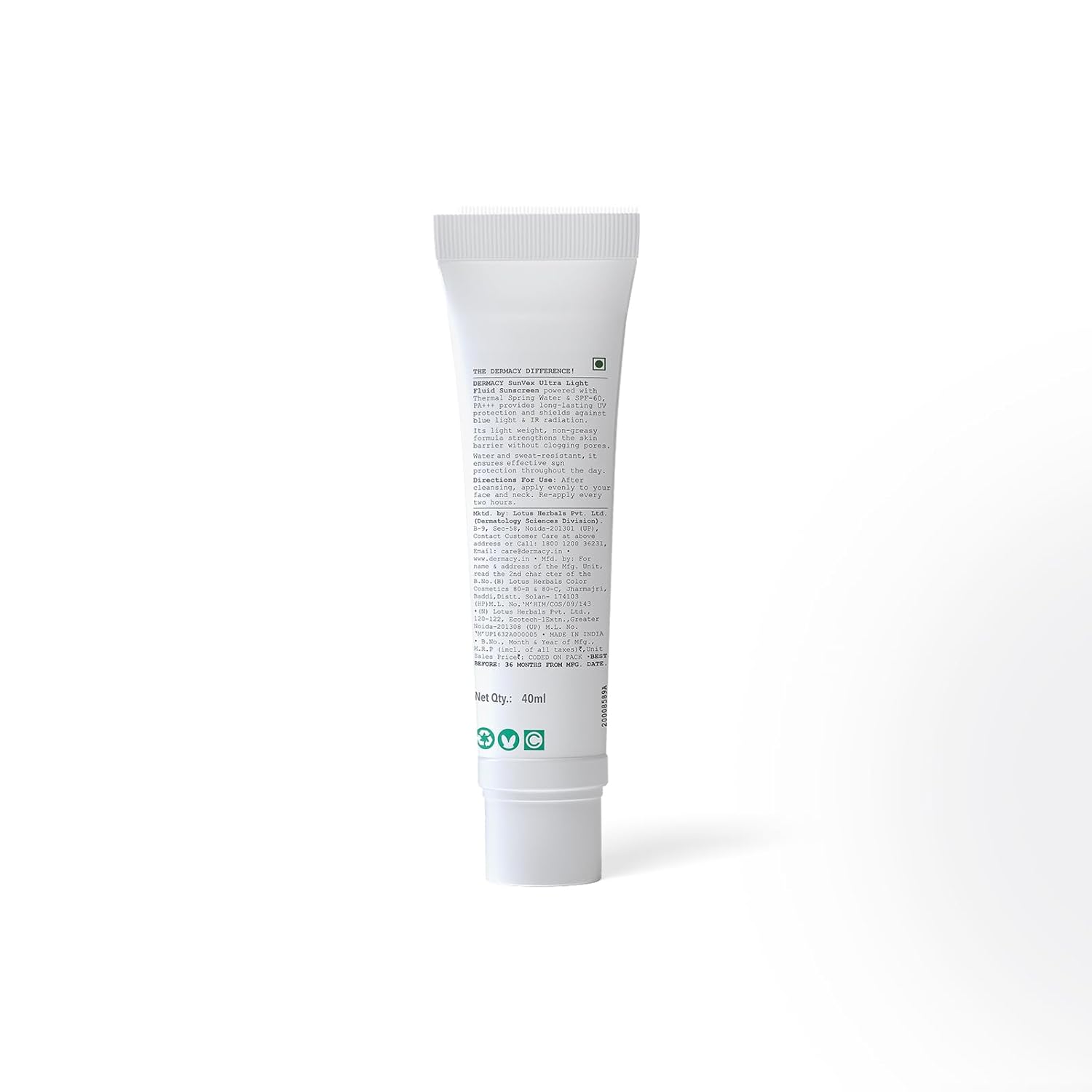 Dermacy Sunvex | Ultra Light Fluid Sunscreen | SPF 60 PA+++ | Non Greasy Sun Protection | Suitable For All Skin Types | 40ml
