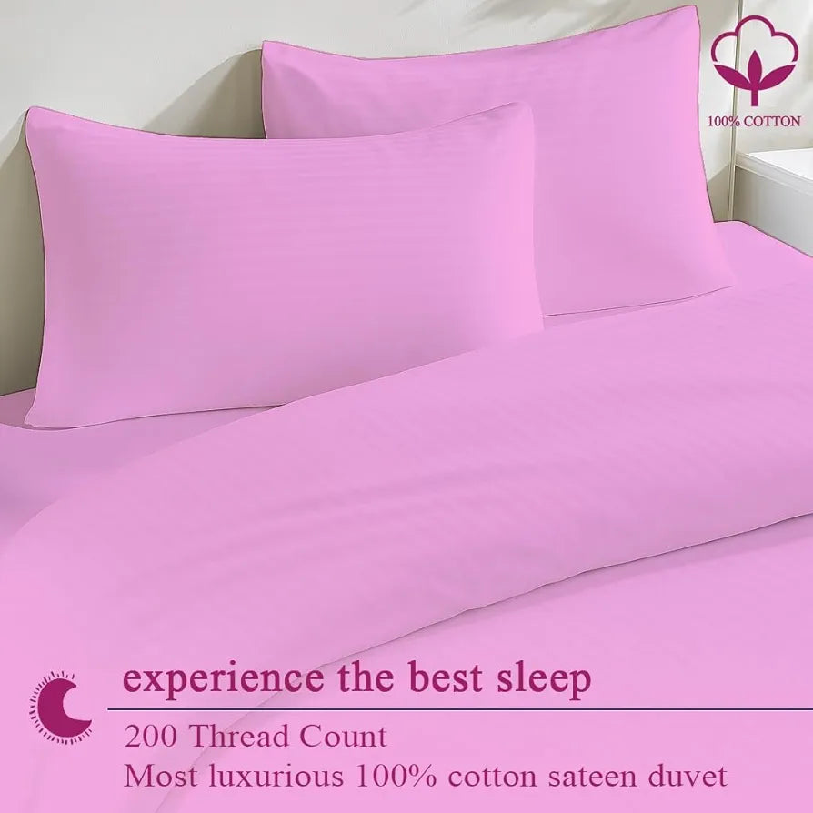 Trance Home Linen Zippered 100% Cotton 200TC Satin Stripe King Size Duvet Cover Quilt Cover Blanket Cover Razai Comforter Cover with 2 Pillow Covers Colour Light Pink