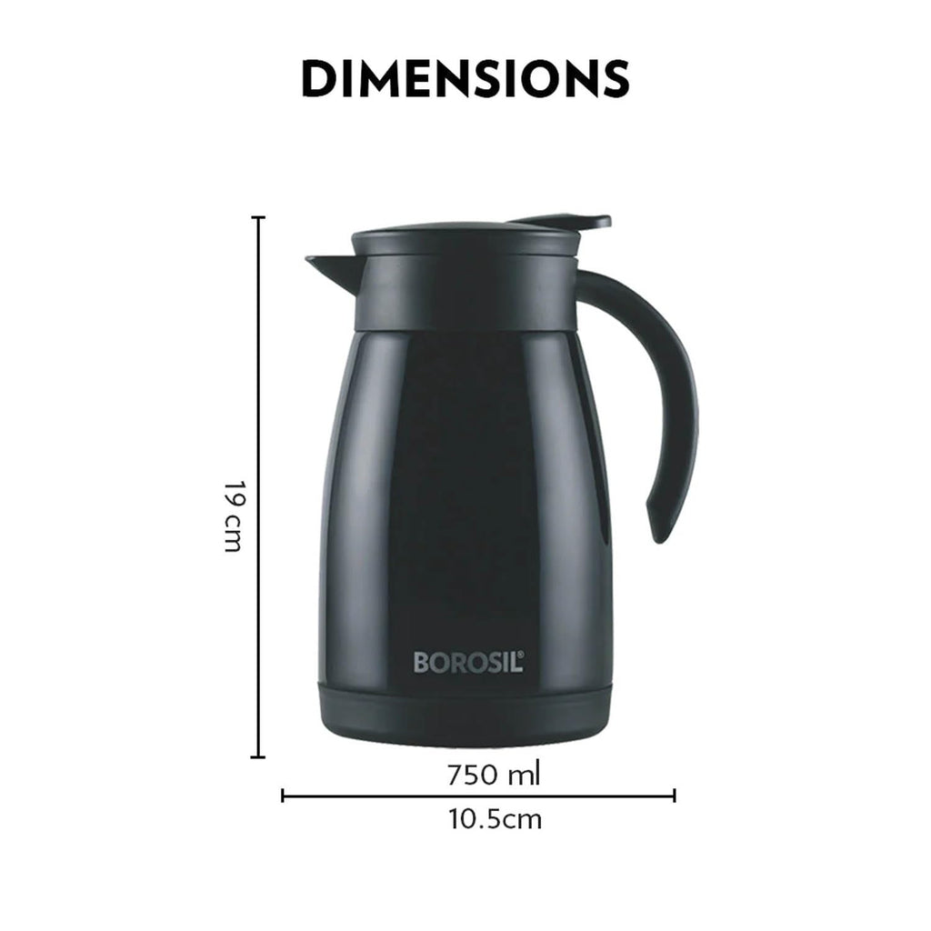 Borosil Stainless Steel 750ml Teapot With Handle | Double Wall Vacuum Insulated Thermosteel Carafe | Black