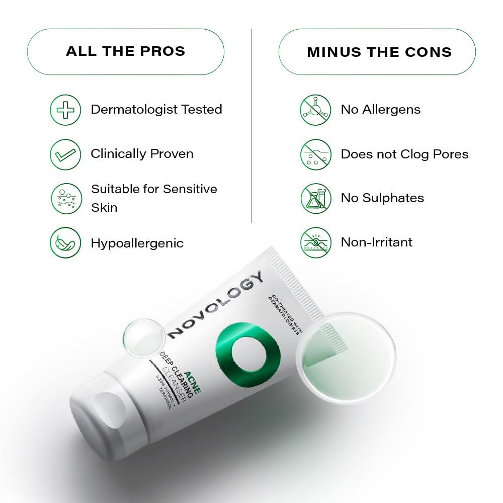 Novology Acne Deep Clearing Cleanser with Thymol+Terpineol| Face Wash for Acne,Whiteheads,Blackheads| Gentle, Non-Drying Formula, Suitable for Sensitive skin| 100g