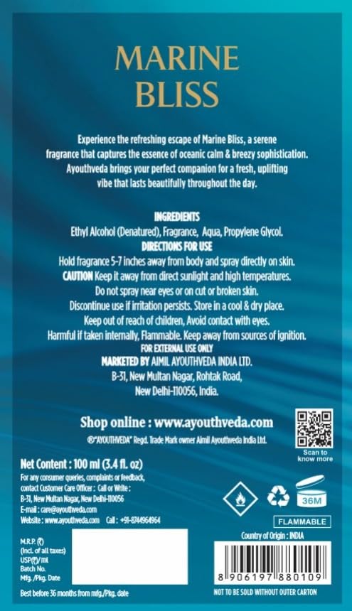 Ayouthveda Marine Bliss Eau De Parfum | Long-Lasting Fresh Aquatic Luxury Perfume for Men | Grapefruit, Marine Accord, Aquatic Notes & Ambery Lavender | Refreshing Daily Wear Fragrance | 100ml