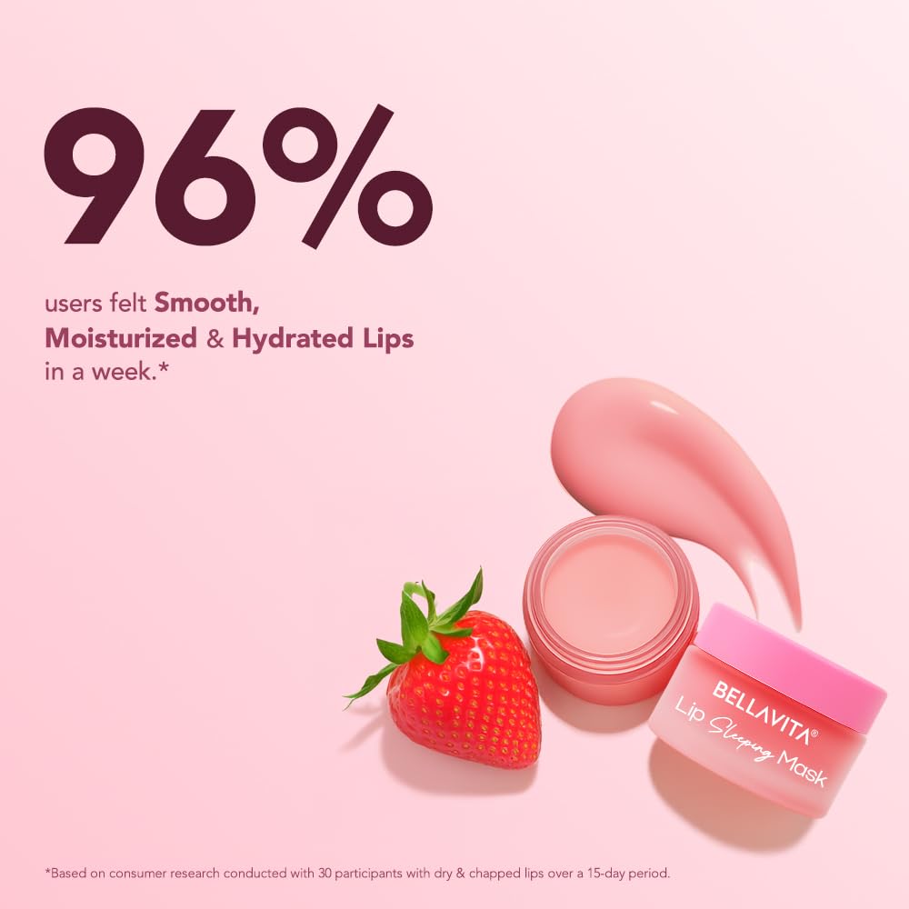 Bellavita Lip Sleeping Mask For Smooth, Soft & Plump Lips | 12hrs of Intense Hydration | Repairs Dry & Chapped Lips | Prevents Pigmentation | Soothes Dryness | Strawberry - 9.8g