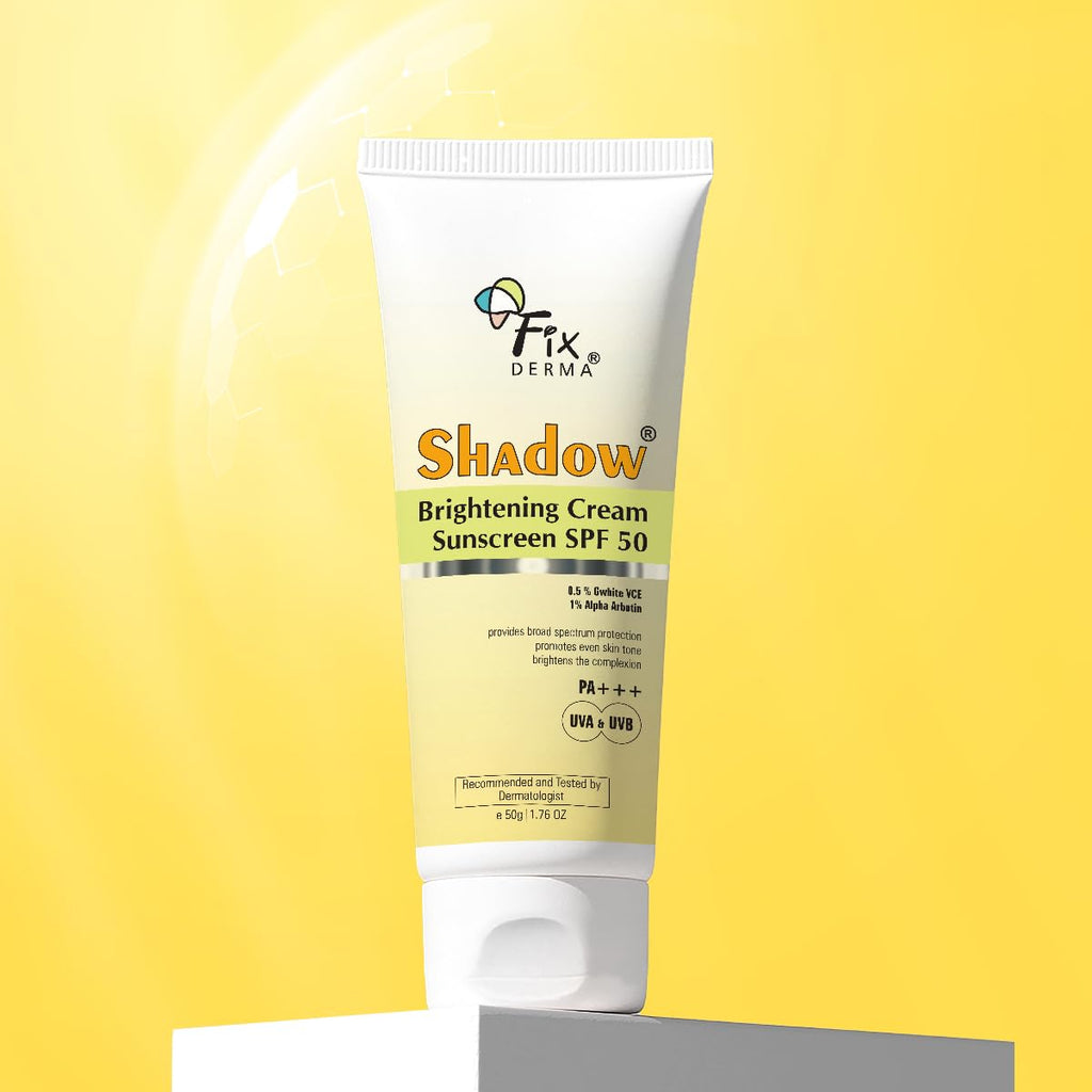 Fixderma Shadow Brightening Sunscreen SPF50 PA+++ with 1% Alpha Arbutin | UVA/UVB, Broad Spectrum Protection | Reduce Tan & Brightens the Complexion | Lightweight, No White Cast, All Skin Type - 50GM