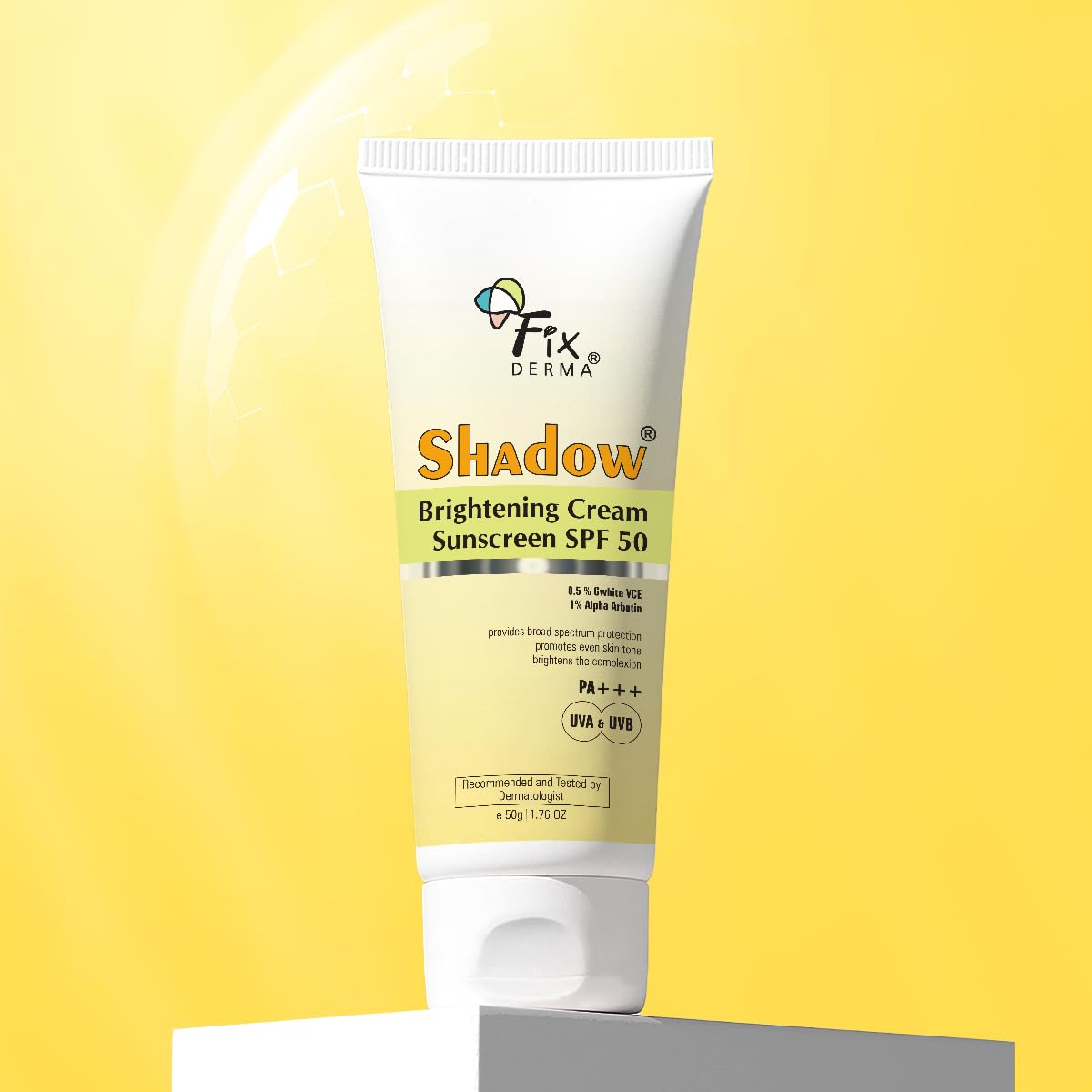 Fixderma Shadow Brightening Sunscreen SPF50 PA+++ with 1% Alpha Arbutin | UVA/UVB, Broad Spectrum Protection | Reduce Tan & Brightens the Complexion | Lightweight, No White Cast, All Skin Type - 50GM