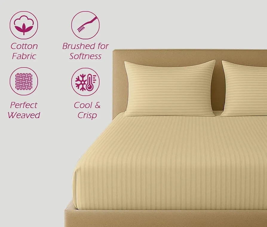 Trance Home Linen 100% Cotton 75x60 inch 200TC Satin Stripe Elastic Fitted Bedsheet Daily Use Double Bed with 2 Pillow Covers Colour Beige