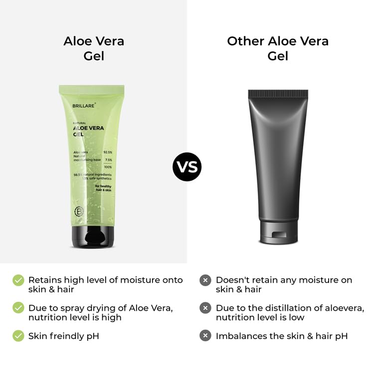 Brillare Aloe Vera Gel for Skin, Face & Hair | Natural Hydration, Soothing & Frizz Control | Pure Aloe Vera Gel for Glowing Skin & Smooth Hair