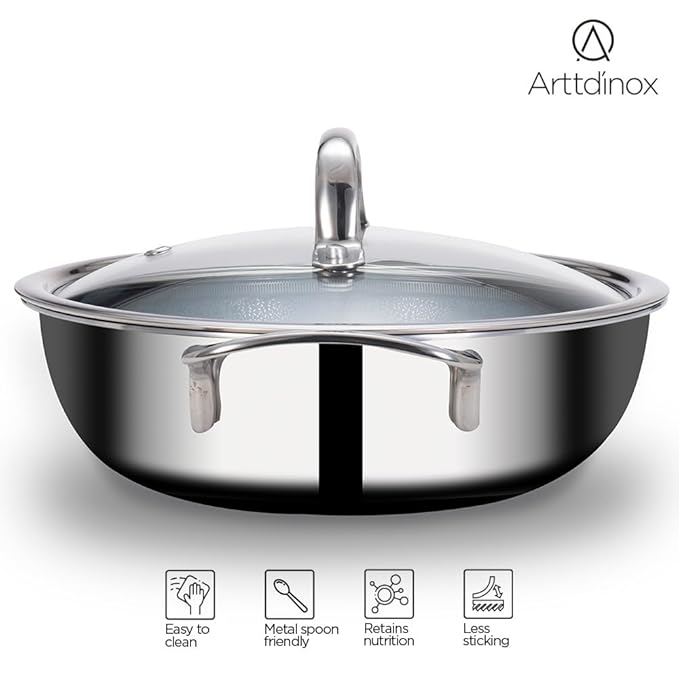 Arttdinox Stellar Triply Stainless Steel Kadhai With Lid | Non Stick Kadai | Gas & Induction Base | 26cm | 3.2ltr | Silver