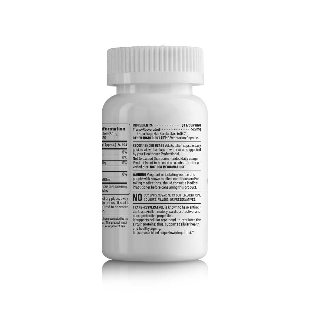 Unived Trans-Resveratrol 500mg from Grape Skin Extract for Cellular Health & Healthy Ageing, Natural & Vegan, One Month Supply