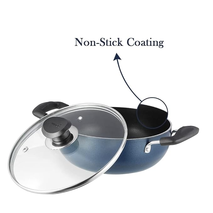 Vinod Zest Aluminium Non Stick Deep Kadhai with Glass Lid - 4.1 Litre, 26cm | 3 Layer Ceramic Coating | 3 mm Thick