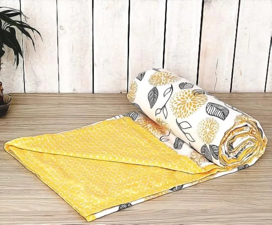 Trance Home Linen 150 GSM 100% Cotton Reversible Dohar Double Bed Size AC Blanket Comforter Soft Light-Weight Bed Blanket Colour Yellow White Flowers