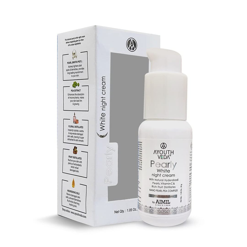 Ayouthveda Pearly White Night Cream With Nano Pearl-Pea Complex Milk Cream Fine Lines Dark Spots Whitening Radiant Glow Pea Extract Moisturize Skin (30g)
