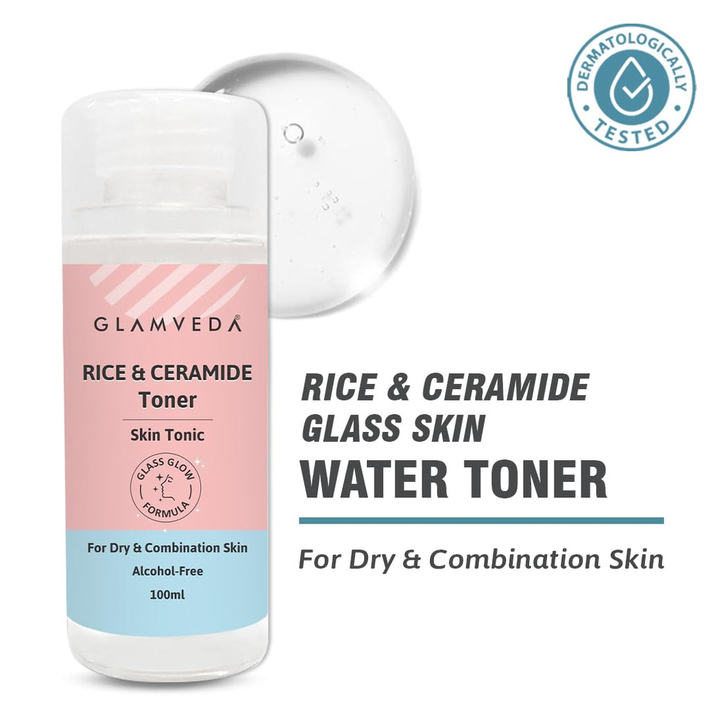 Glamveda Korean Rice & Ceramide Face Toner | Rice Water Toner For Dry & Combination Skin | Pore Tightening & Glowing Skin | Fades Blemishes, Brightens & Smoothens | Women & Men | 100ml