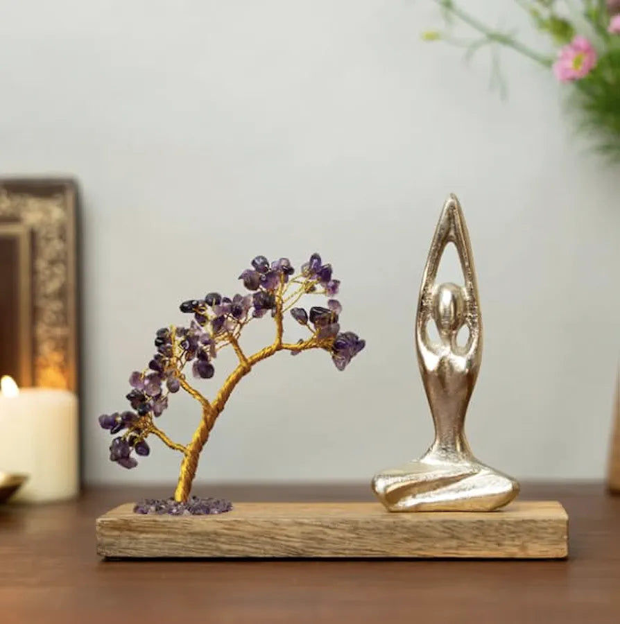 Ritualistic Namaste Amethyst Quartz Crystal Tree Handcrafted for Energy Healing Meditation