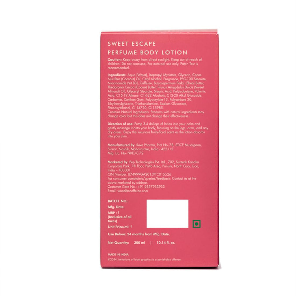 mCaffeine Sweet Escape Perfume Body Lotion 300ml| Niacinamide, Cocoa & Shea Butter | Deep Moisturization for Women & Men | Lightweight, Non-Sticky & Daily Use | Fruity-Floral Fragrance | Summer Body Cream For Dry Skin