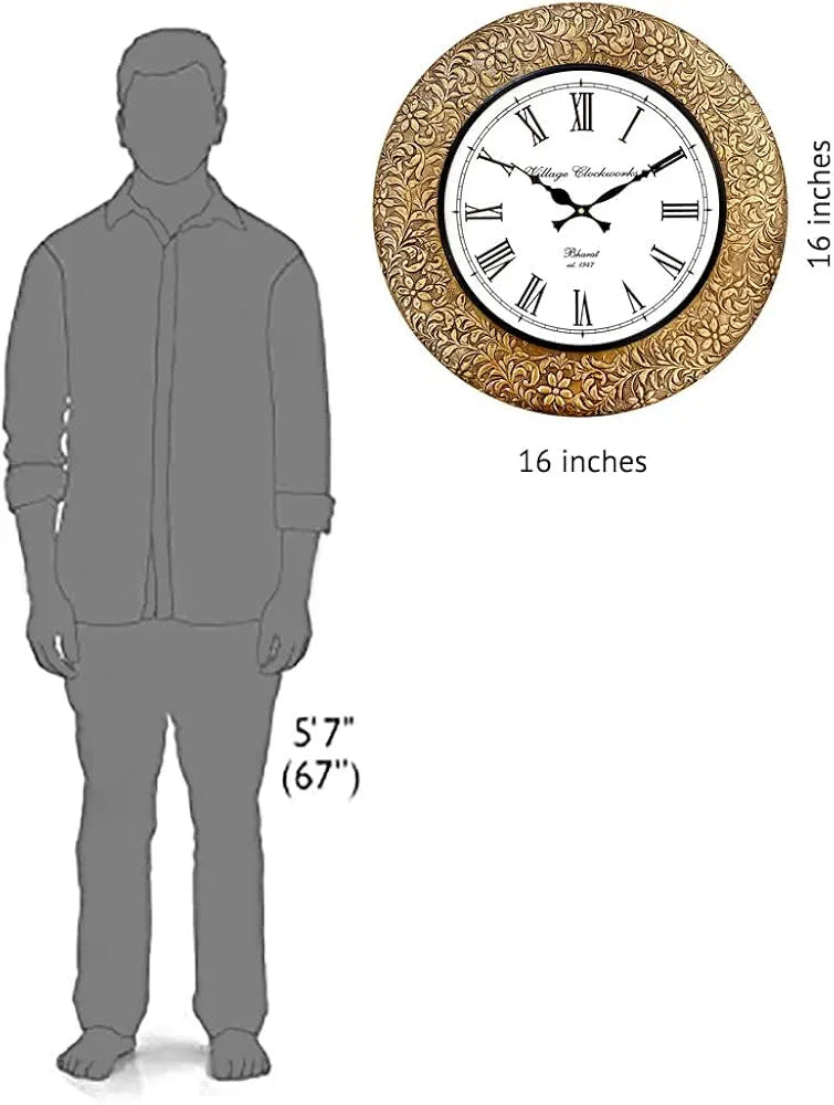 RoyalsCart Emboss Metal Analog Wall Clock Size - 16 X 16 Inches [Ktwc255] Gold Emboss Metal