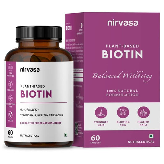 Nirvasa Plant-Based Biotin Tablets (60 Tabs) | Hair, Skin & Nail Support | Hair Fall Control, Glowing Skin, Stronger Nails | Improve Energy, Strength & Overall Health | For Men & Women