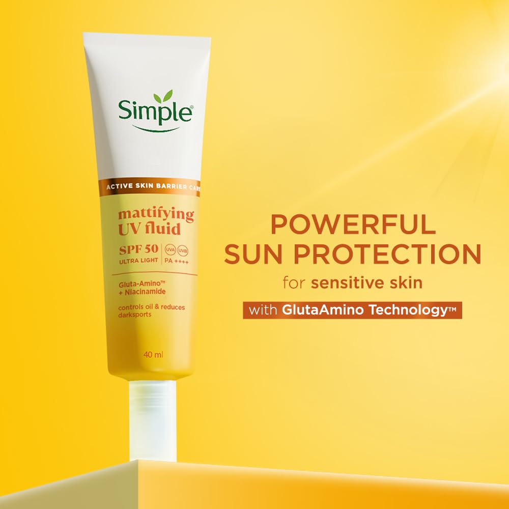 Simple Mattifying UV Fluid |SPF 50 PA++++ | With Niacinamide & GlutaAmino Technology| Sunscreen for Oily Skin & Dark Spots |Ultra Lightweight & Non-Sticky | UVA UVB & Bluelight protection | 40ml