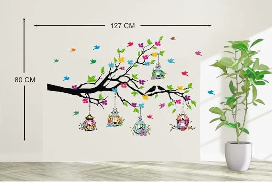 Heaven Decors Vinyl Self-Adhesive Natural Tree with Birdcage & Birds Flying Wall Sticker,Multicolour