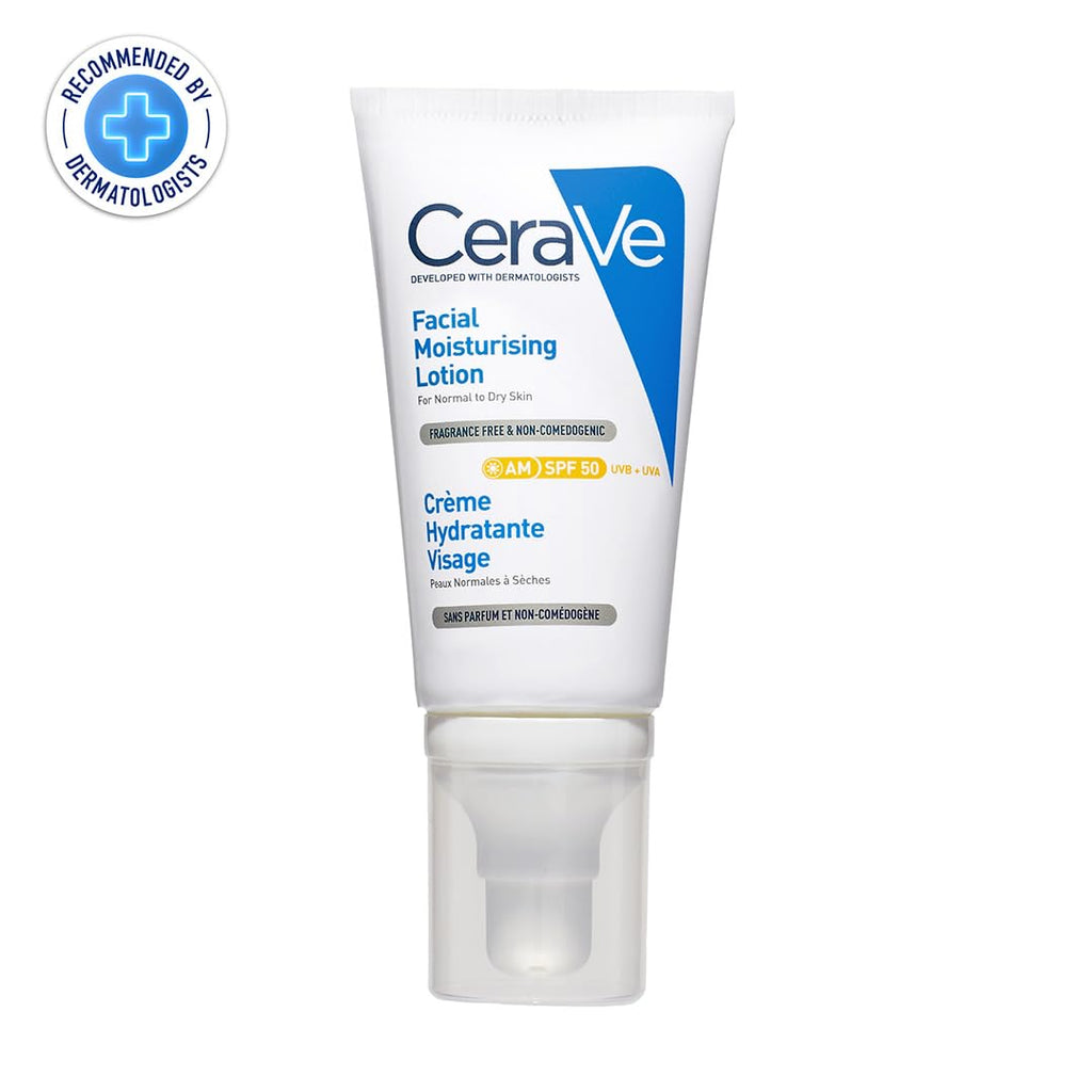 CeraVe AM Facial Moisturizing Lotion for Normal to Dry Skin (52 ml) with Broad Spectrum Sunscreen SPF 50, Enriched with Ceramides, Niacinamide & Hyaluronic acid