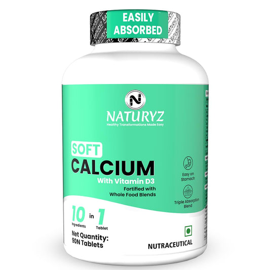 Naturyz Soft Calcium with Plant Vitamin D3 | Highest 10 Nutrients | Easy to Digest | Zinc | Magnesium | Fortified with Whole foods | Faster Absorption Triple Blend | Ideal Supplement for Bone Health & Joint Support - 90 Tablets