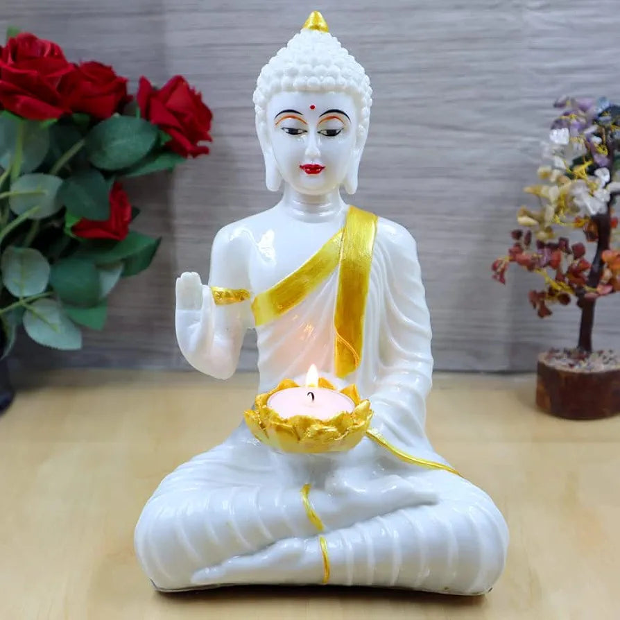 Jaipur Ace White Gold Buddha Sitting With Tealight in Hand Polyresin Idol