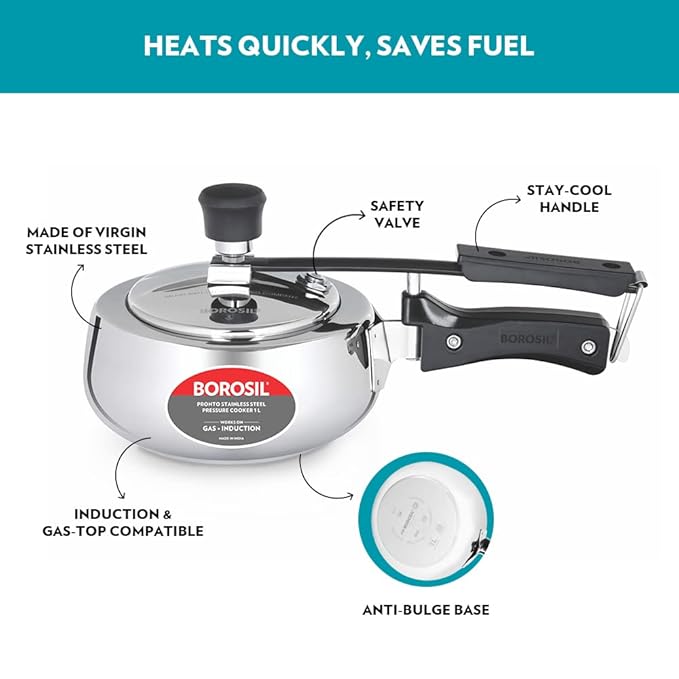 Borosil Pronto Induction Base Inner Lid Stainless Steel Pressure Cooker | 6.8 Mm Thick Base | 1 Litres