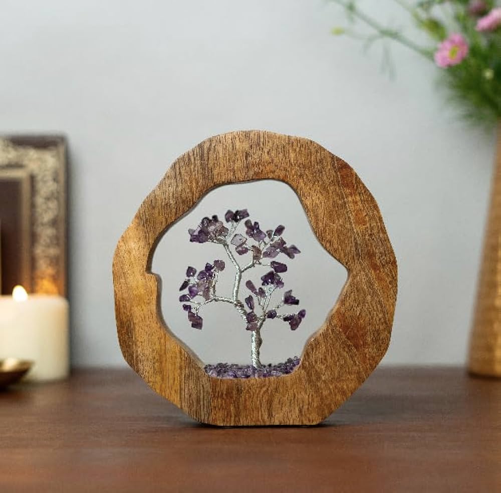 Ritualistic Amethyst Crystal Tree Set in Wooden Ring Gift Spiritual Item for Energy Flow & Chakra Healing Feng Shui Gemstone Bonsai