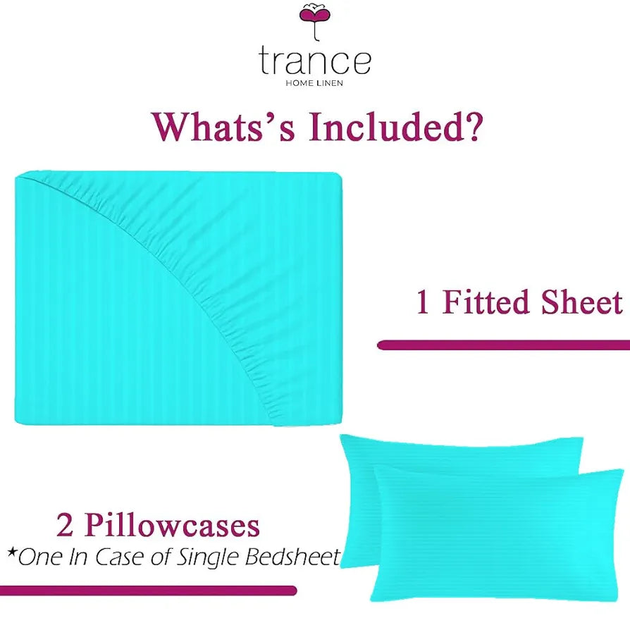 Trance Home Linen 100% Cotton 78x72 inch King Fitted 200TC Satin Stripe Elastic Fitted Bedsheet with 2 Pillow Covers Colour Aqua Blue