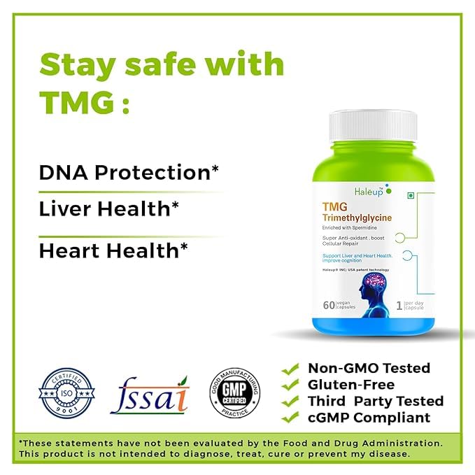 Haleup USA TMG 98% Pure Trimethylglycine (TMG) Supplement | Supports Energy, Heart & Liver Health, Metabolism & NMN Synergy |Pack of 1 X 60s (60 capsules)