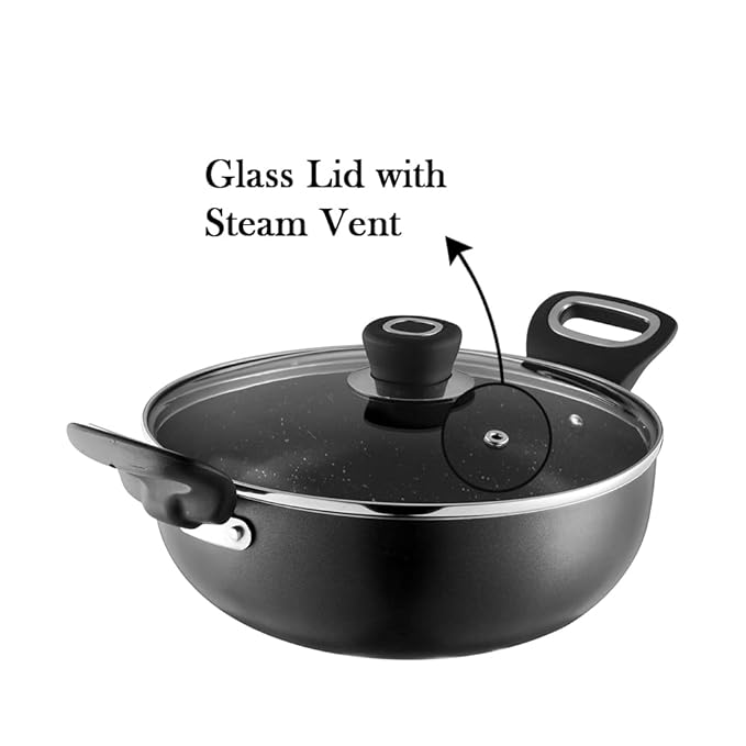 Vinod Zest Marbilo Aluminium Non Stick Deep Kadai with Glass Lid - 2.5 Litre, 24 cm | 5 Layer Coating | Soft Handle