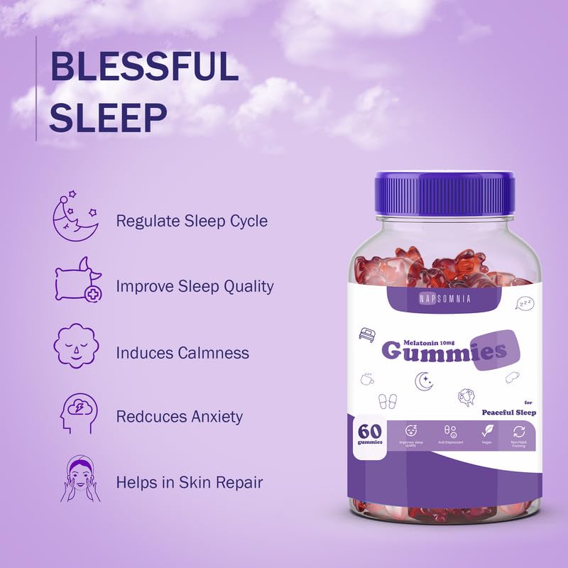 NAPSOMNIA Sleep Melatonin Gummies 10mg - Fall Asleep Fast & Wake Up Regenerated Gummies, Non-Addictive and No Next-Day Drowsiness, Black Current Flavor Sleeping Gummies for Deep Sleep (60 Count)