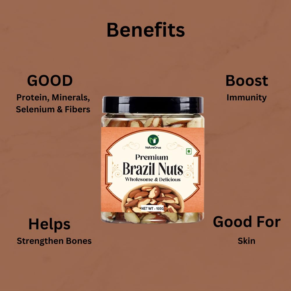 NatureOnus Brazil Nuts 100g, Premium | Rich in Selenium and Antioxidant Rich | Superfood | Have 1 Daily (Grade A ++ Nuts, Premium Jumbo Size, Imported) (100gms)