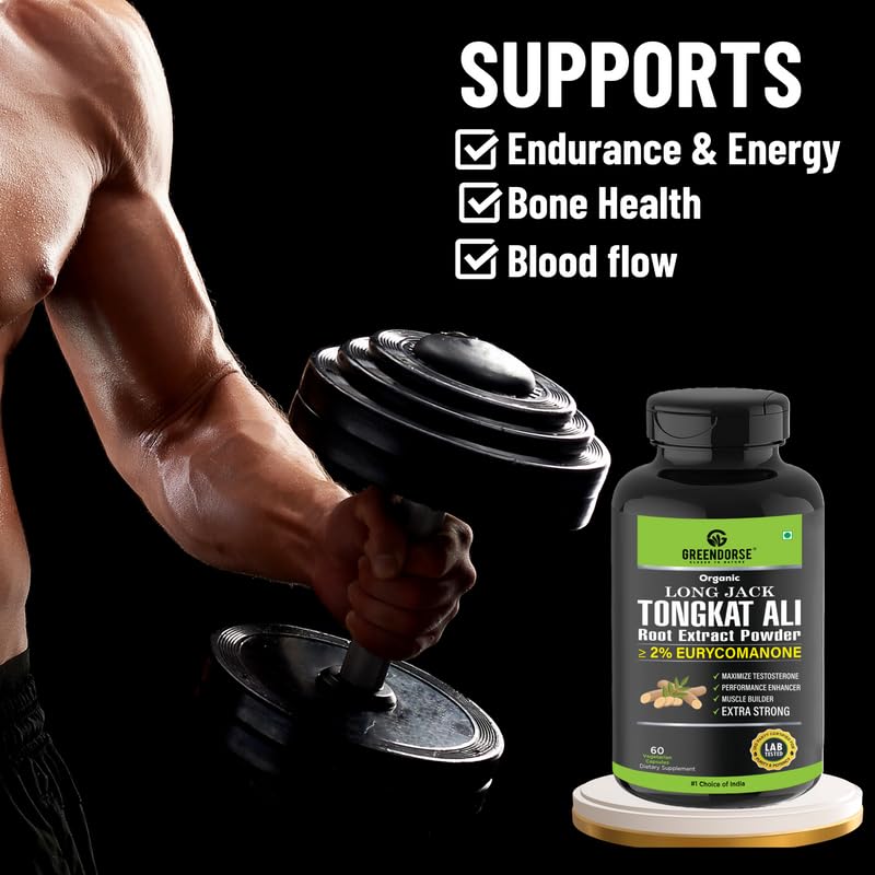 GREENDORSE Organic Tongkat Ali Extract Capsules | 2% Eurycomanone by HPTLC | Enhanced T level, Stamina and Stress tolerance, Veg Capsules-60