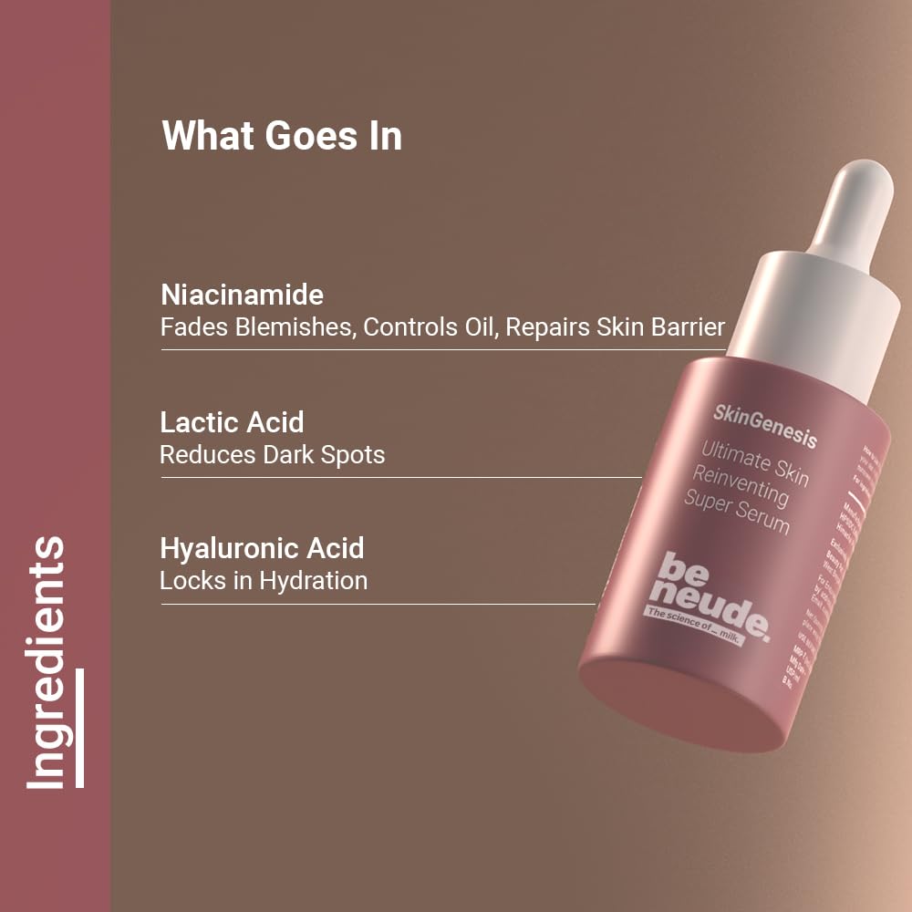 Be Neude SkinGenesis 30ml All in One Face Serum with 12% Actives – Lactic Acid, Niacinamide & Hyaluronic Acid; Reduces Dark Spots, Fine Lines, Protects Skin Barrier, For Men & Women, All Skin Types
