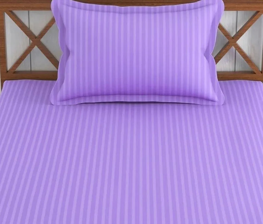Trance Home Linen 100% Cotton 78x36 inch Single Fitted 200TC Satin Stripe Elastic Fitted Bedsheet Bedspread with 1 Pillow Covers Colour Lilac Purple