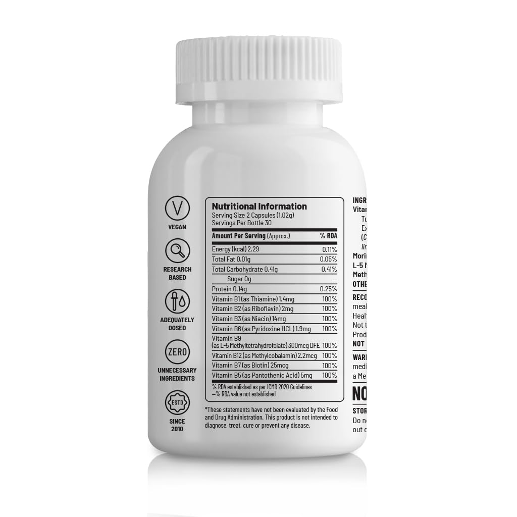 Unived Wholefood Natural B-Complex Raw B-Vitamins Capsule From Ferment Media 100% Natural & Vegan One Month Supply, 60 Count