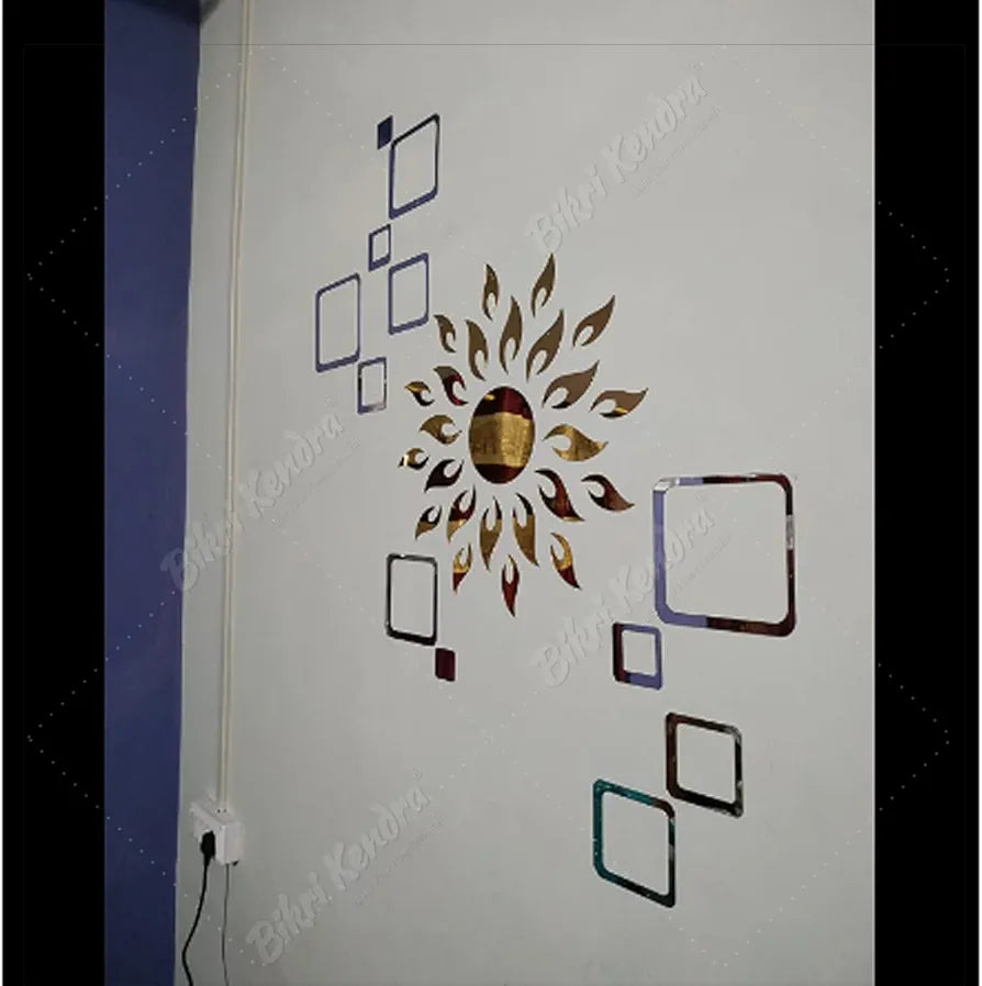 Bikri Kendra Sun Golden with Square 2 Set Silver Decorative Mirror Stickers for Wall 3D Acrylic